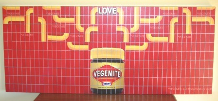 Magnet art from a Vegemite campaign using only the poster off cuts after making stationery from the posters.